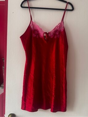 Vintage Cacique Red Satin Slip with Pink Lace Trim